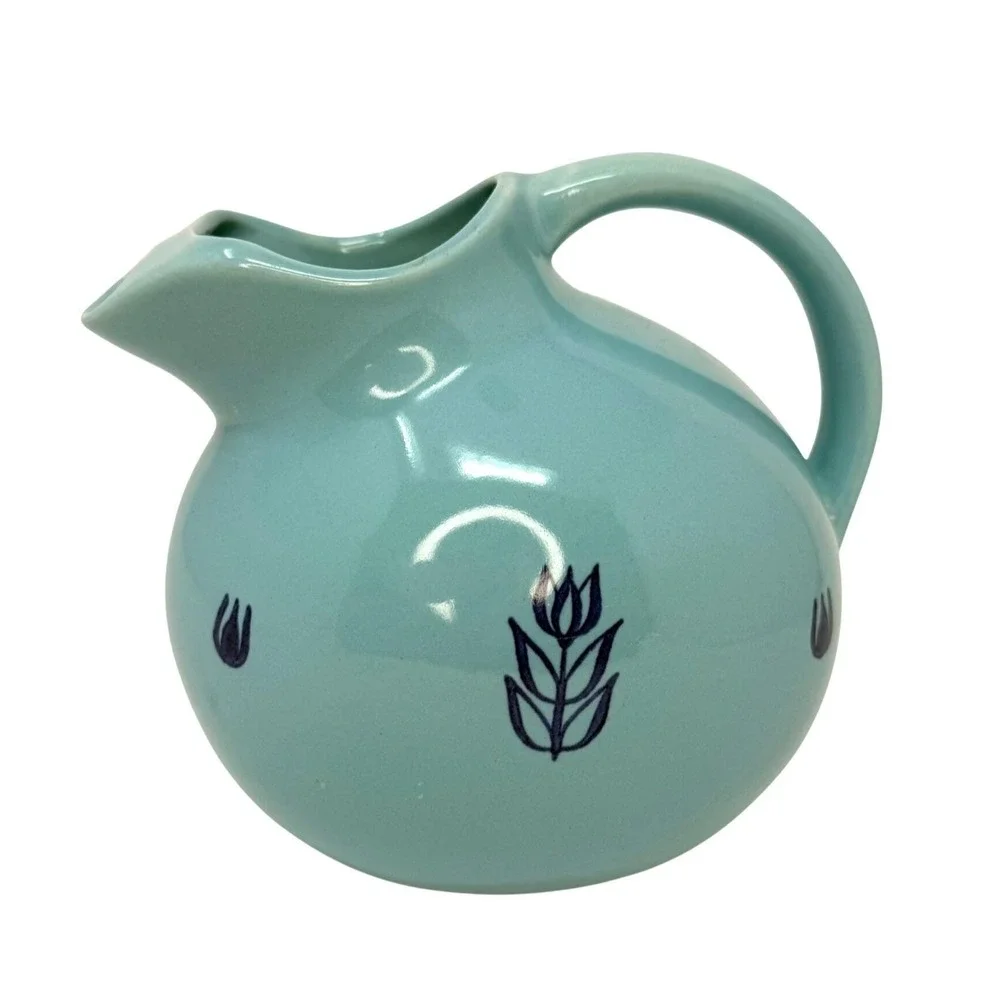 Mid Century 50s Cronin Pottery Blue Tulip Ceramic Pitcher 64 oz  Retro Kitchen